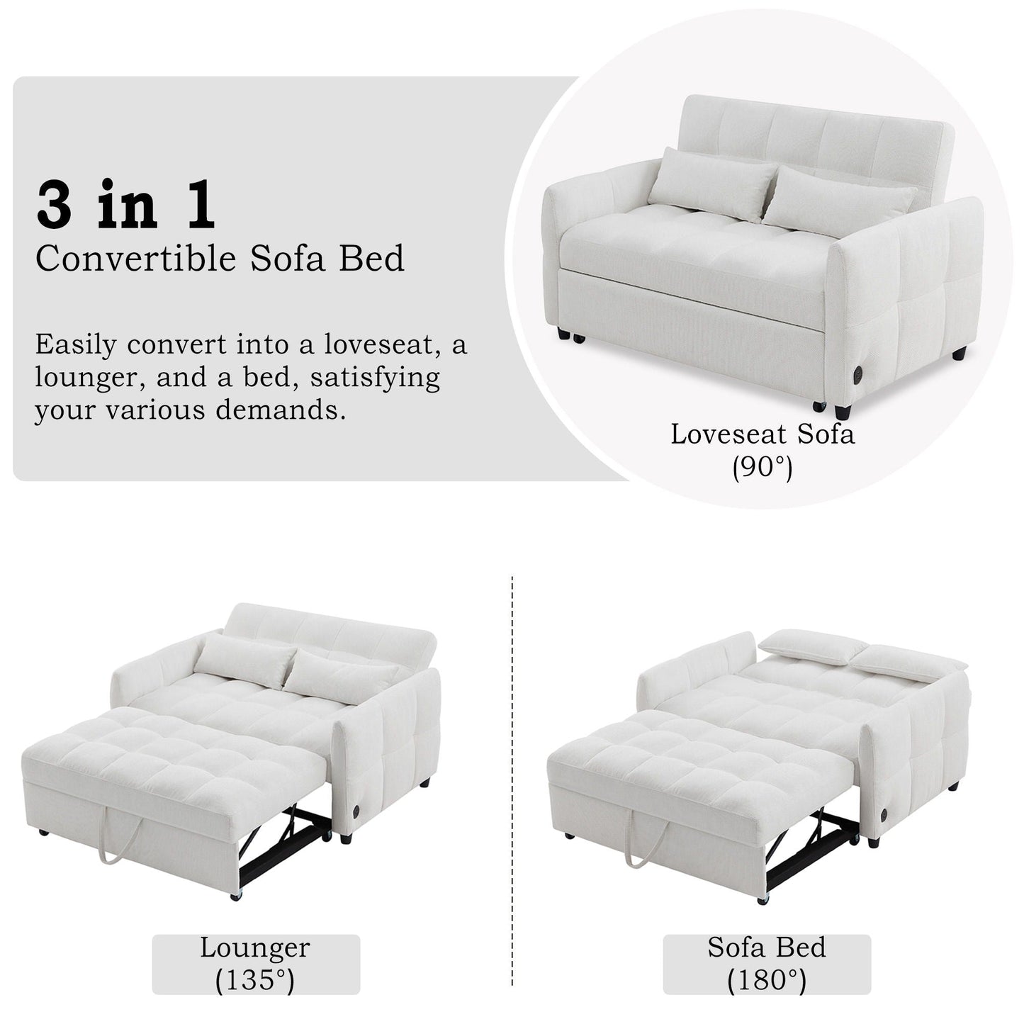 Loveseat Sofa Pull-Out Bed With Adjustable Backrest, 3 USB Ports And 2 Lumbar Pillows For Living Room Hearth and Haven