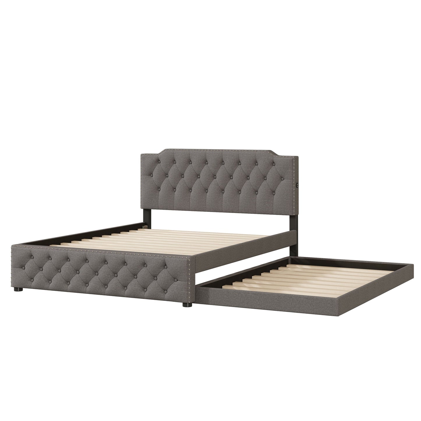 Upholstered Platform Bed With Trundle And 2 Sets Of USB Ports On Each Side, Linen Fabric Halcyon Home