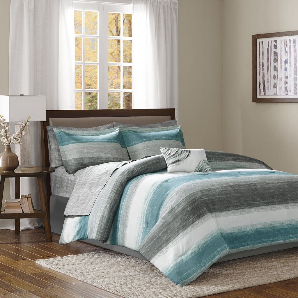 Saben - King Complete Comforter And Sheet Set - Aqua Madison Park Essentials