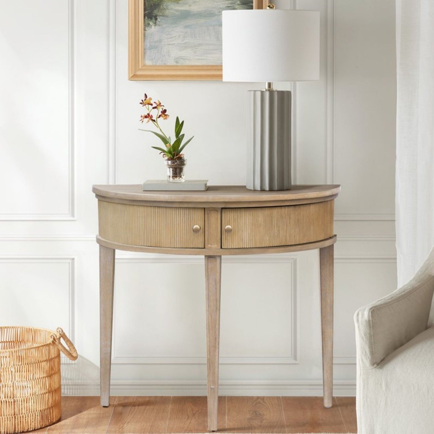 Vintage Inspired Storage Console Table With Fluted Doors - Reclaimed Wheat JLA