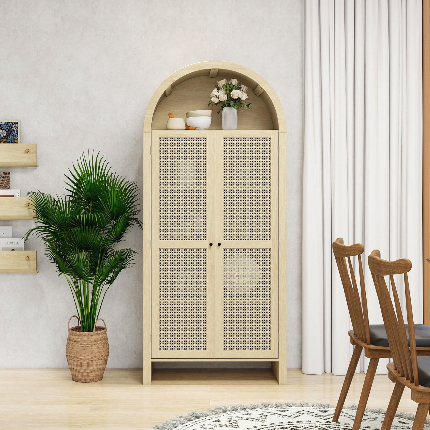 Tall Arched Kitchen Pantry, Arched Storage Display Cabinet With 2 Drawers & Adjustable Shelves, Rattan Door Versatile Storage Cabinet For Kitchen, Dining Room - Natural Home Essentials