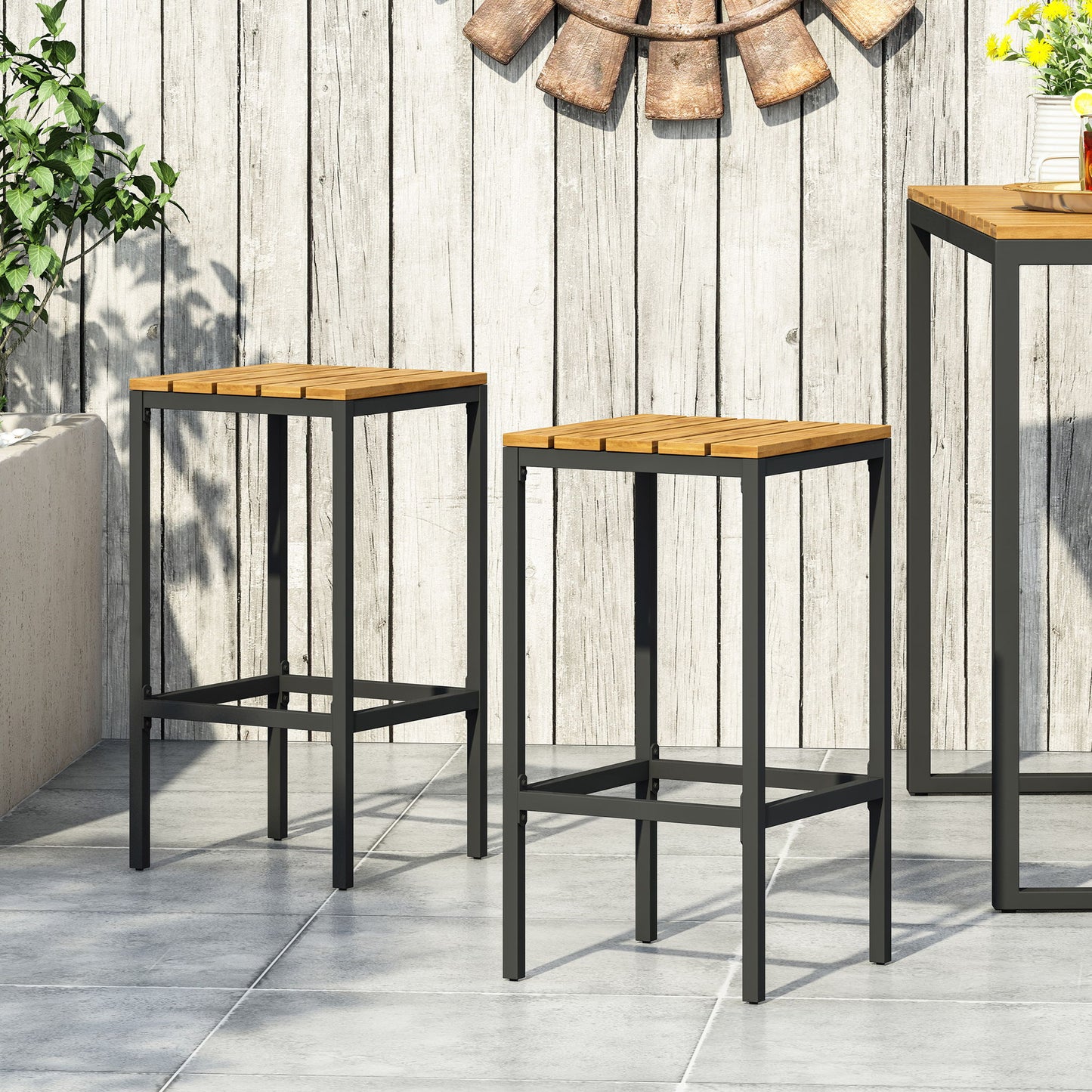 Outdoor Bar Stool With Slat Design And Metal Frame (Set of 2) Noble House