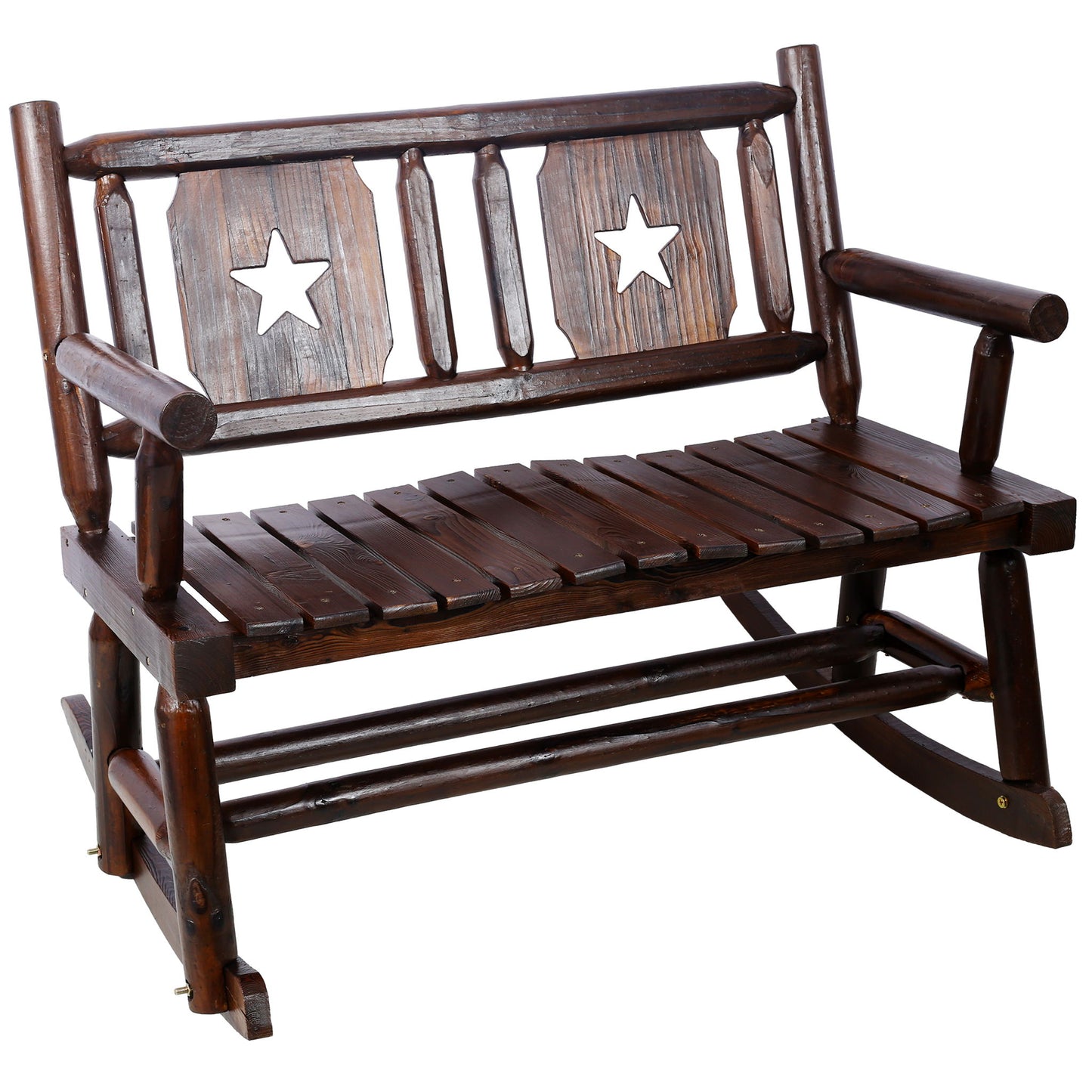 Rustic Outdoor Wood Rocking Bench Double Rocking Chair For 2 Persons With Curved Seat, Porch Rocker - Brown Home Essentials