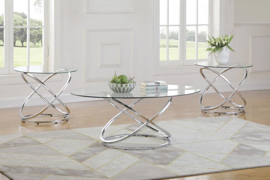 Warren - 3 Piece Oval Glass Top Coffee Table Set - Chrome CoasterEssence
