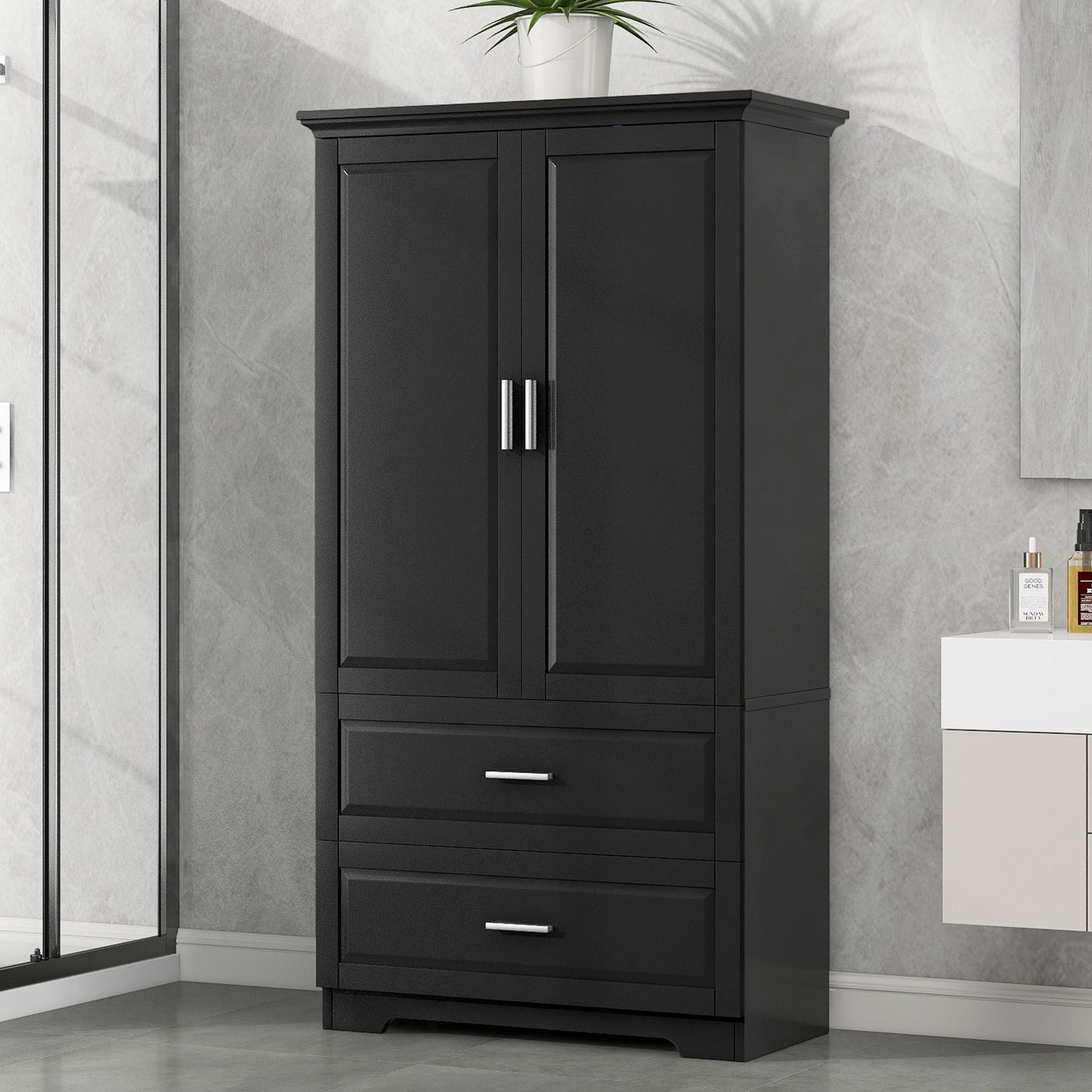 Tall Bathroom Storage Cabinet, Cabinet With 2 Doors And Drawers, Adjustable Shelf Hearth and Haven