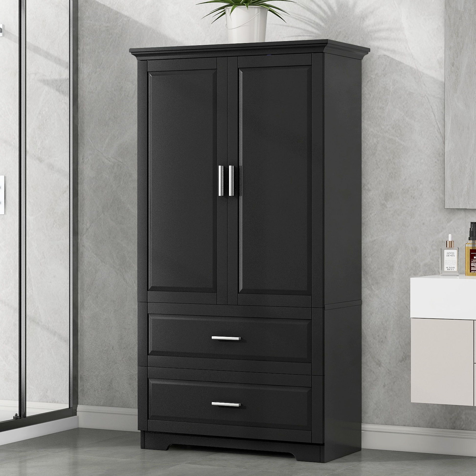 Tall Bathroom Storage Cabinet, Cabinet With 2 Doors And Drawers, Adjustable Shelf Hearth and Haven