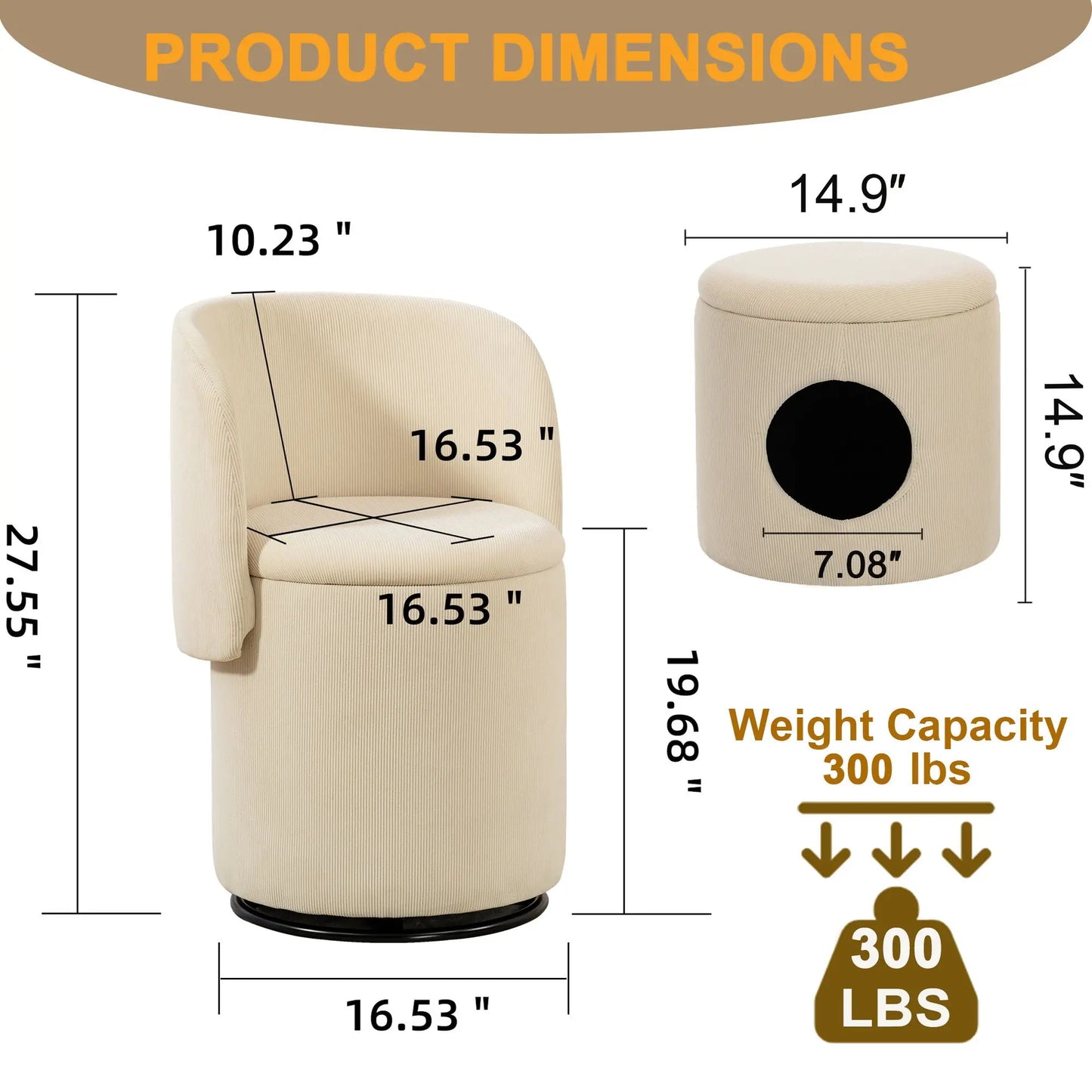 Barrel Chair, Built In Storage, 360° Swivel - Beige Home Essentials