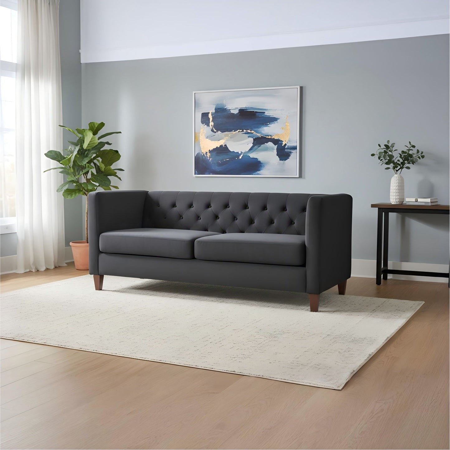 Button Tufted Loveseat, 2 Seater With Square Arm Couch For Living Room - Black US Pride