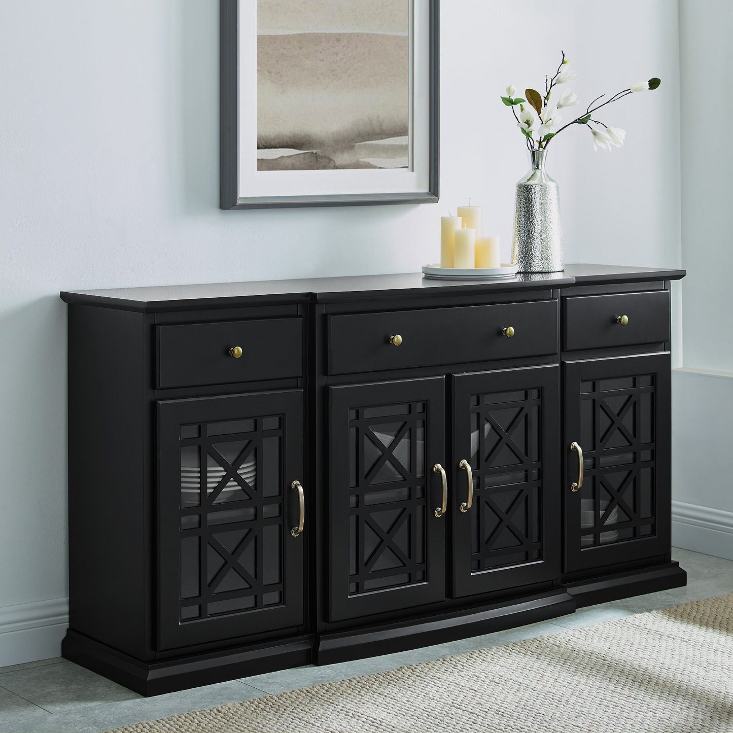 Classic Fretwork Detailed Glass Door Sideboard Walker Edison
