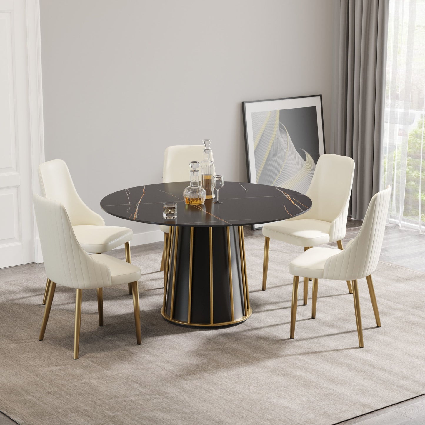 Modern Artificial Stone Round Metal Iron Base Dining Table, Can Accommodate 6 People (Not Including Chairs.) - Black Home Essentials