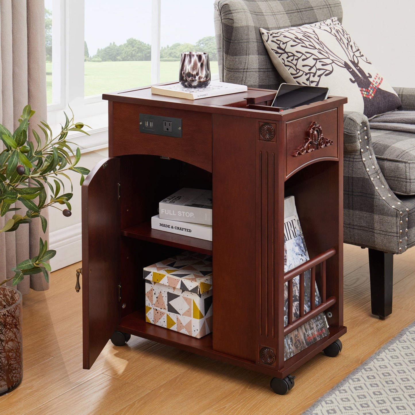 Traditional End Table With Charging Station, Narrow Side Table With USB Ports And Outlets - Red Walnut Home Essentials