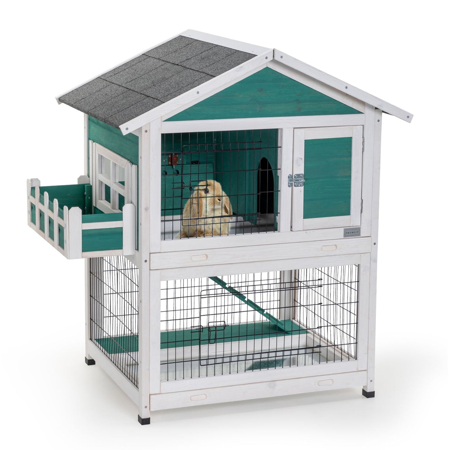 2 Story Wooden Rabbit Hutch Outdoor Indoor Bunny Cage Pull Out Tray, Waterproof Roof - Green Daily Nest