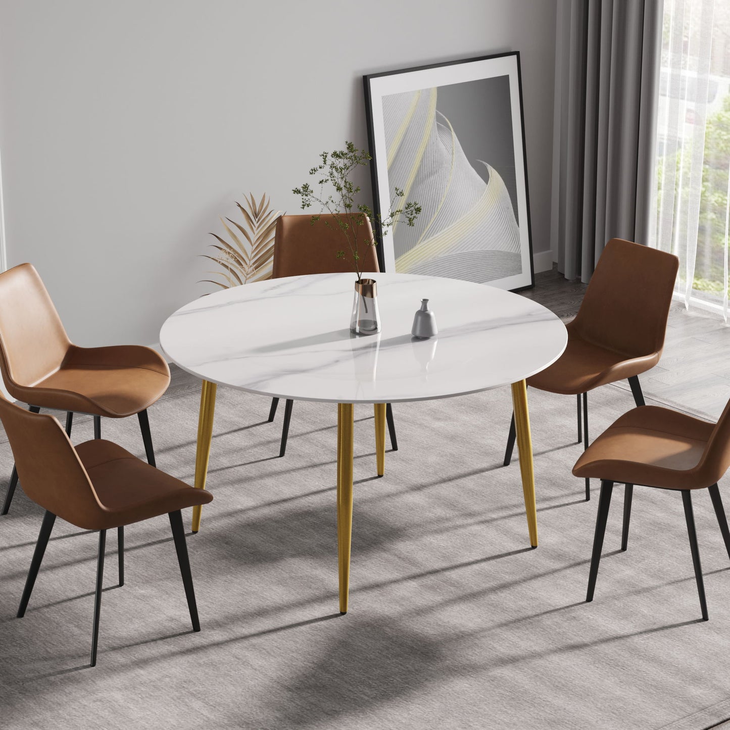 Modern Man-Made Stone Round Metal Dining Table-Position For 6 People Home Essentials