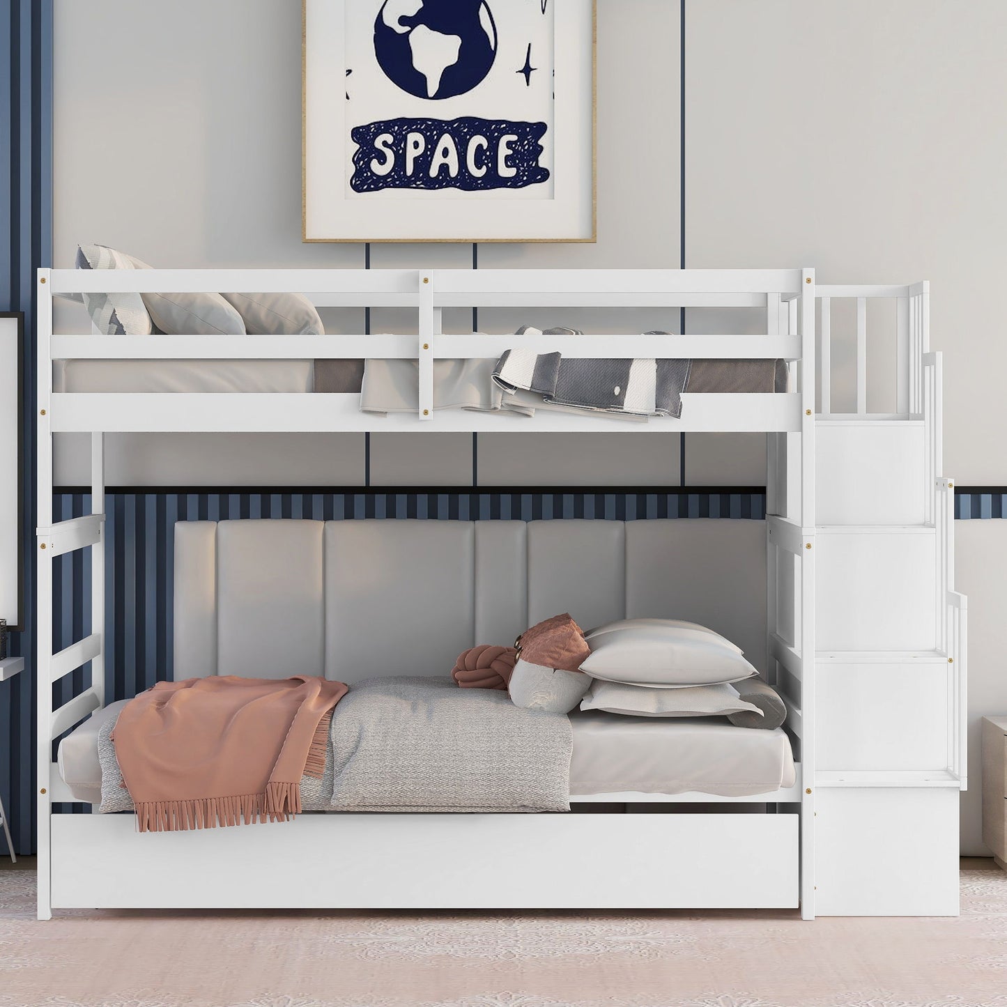 Twin Over Twin Bunk Beds With Twin Trundle And Stairway Storage Function Home Essentials