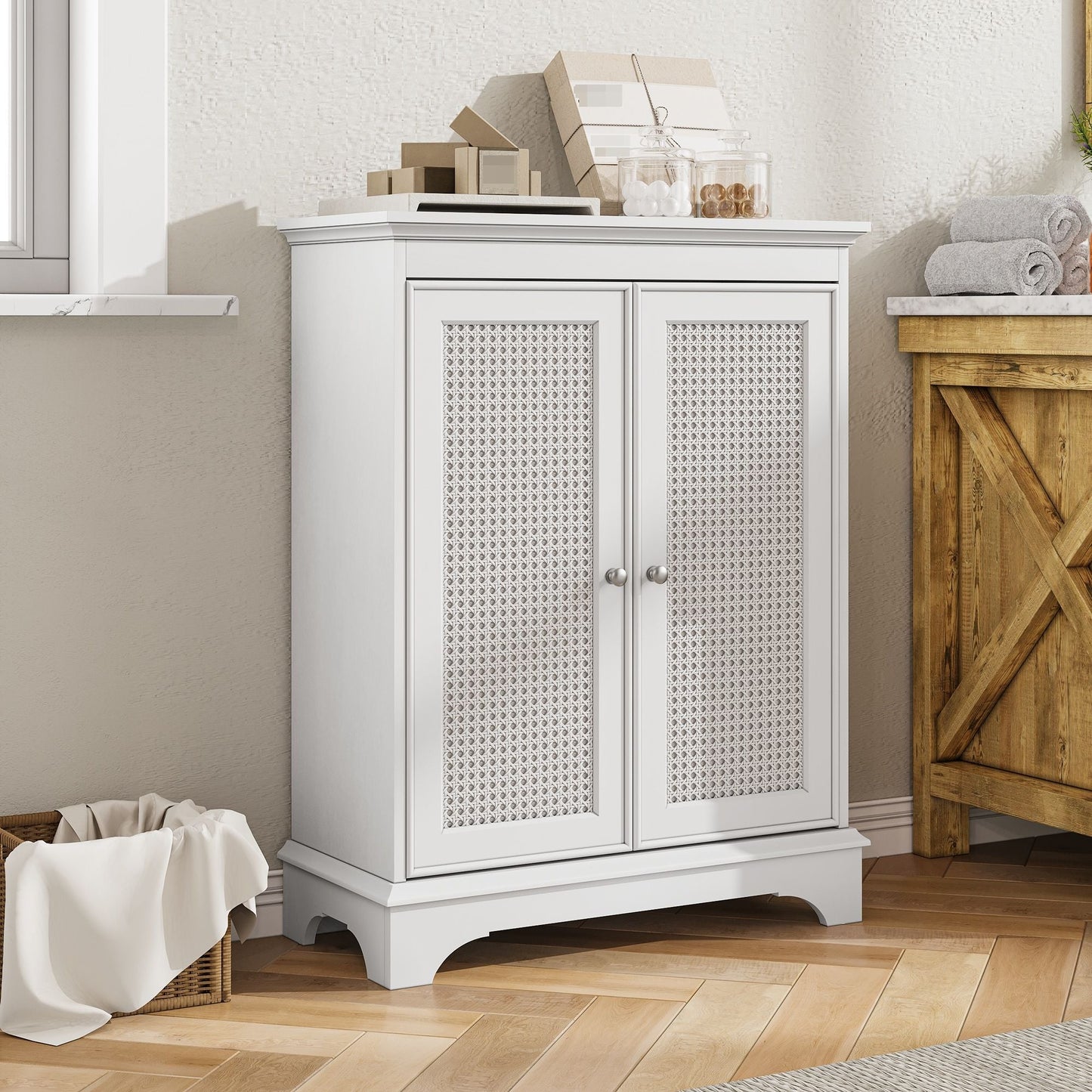 White 2 Door Rattan Storage Cabinet With Adjustable Partition, Medieval Modern Independent Buffet Cabinet, Multifunctional Decorative Cabinet Suitable For Living Room, Kitchen, Bathroom - White Home Essentials