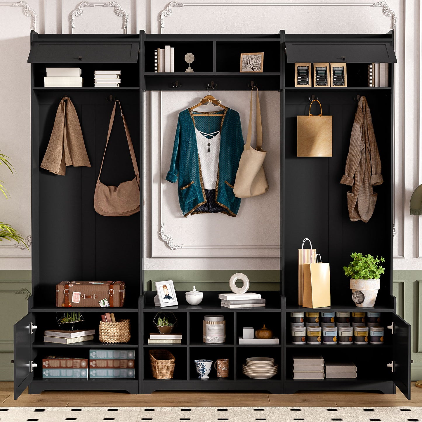 Wide Hall Tree With Shoe Storage, 4 In 1 Entryway Bench With 8 Cubbies, 7 Coat Hooks & Adjustable Shelf For Hallway - Black Hearth and Haven