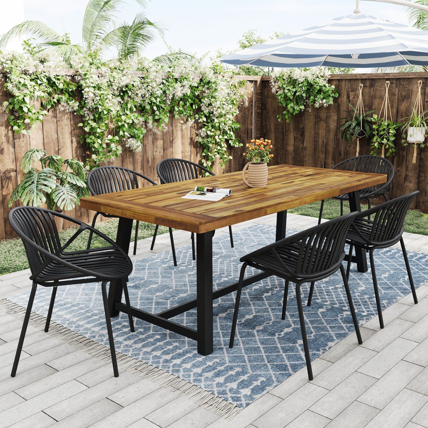 7 Piece Outdoor Modern Dining Set With Stackable Chairs Noble House