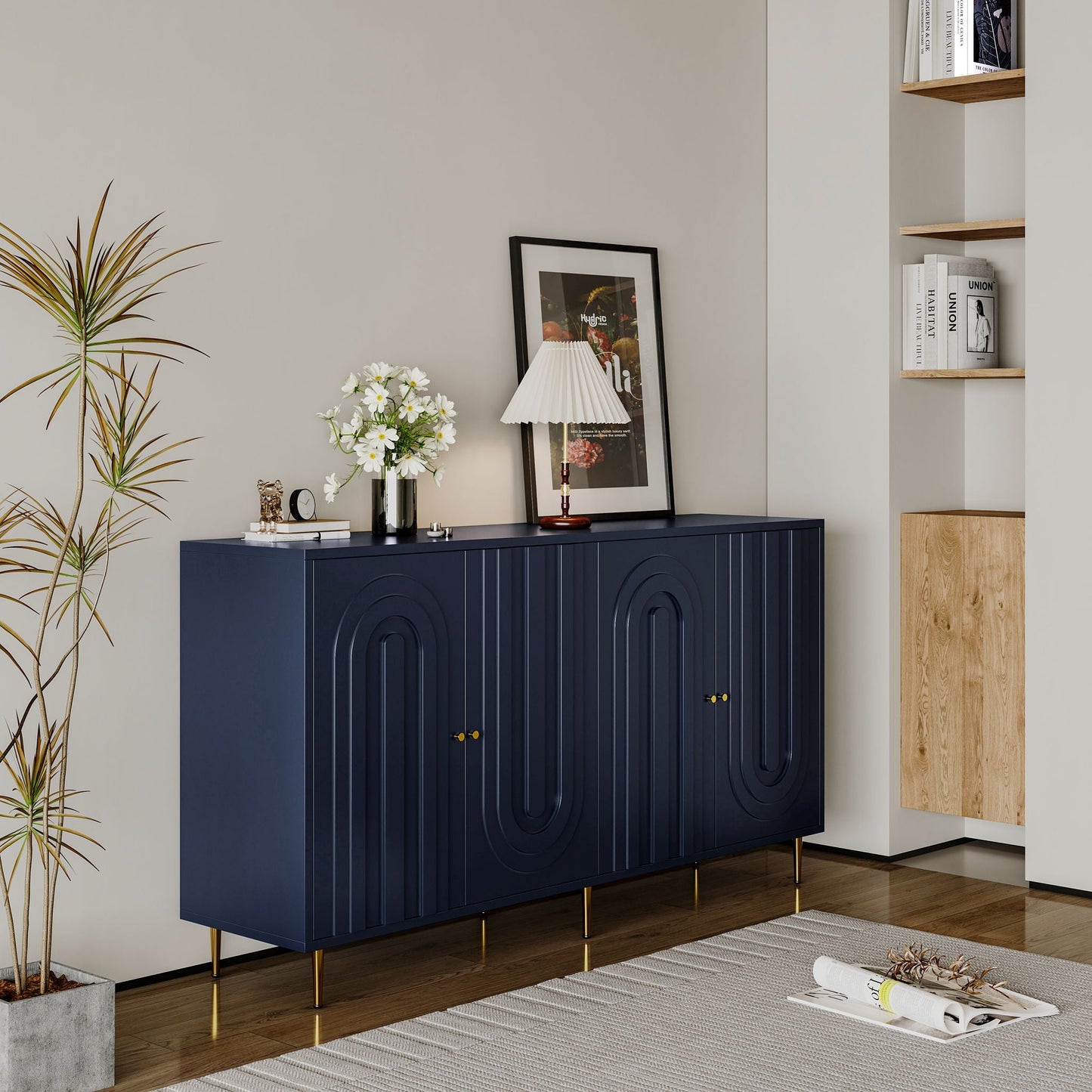 Modern Lacquered 4 Door Cabinet Sideboard Buffet Server Cabinet Storage Cabinet, For Living Room, Entryway, Hallway, Office, Kitchen And Dining Room Home Essentials