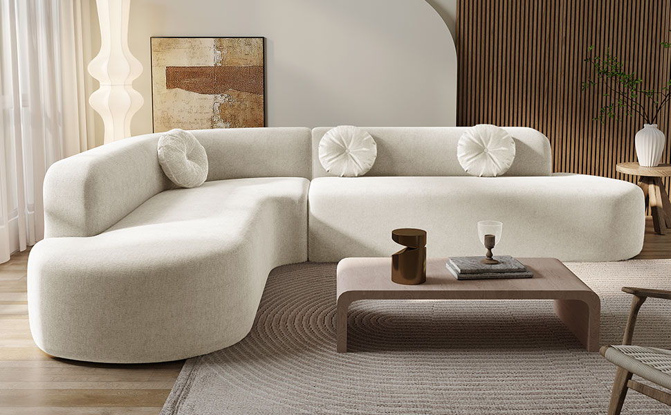 Extra Large Sectional Sofa Soft Fabric Upholstery, Elegant Curved Design With 3 Round Cushions, High - Resilience Foam For Ultimate Comfort - Beige Noble House