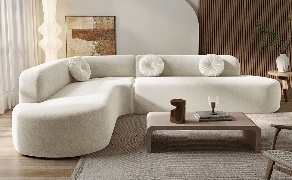 Extra Large Sectional Sofa Soft Fabric Upholstery, Elegant Curved Design With 3 Round Cushions, High - Resilience Foam For Ultimate Comfort - Beige Noble House