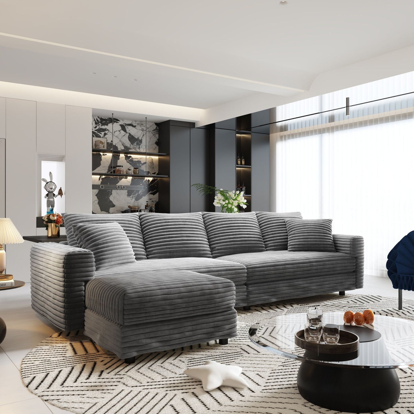 Plush Corduroy 4 Seat Sofa With Soft Pillows And Movable Ottoman - Snoozhouse