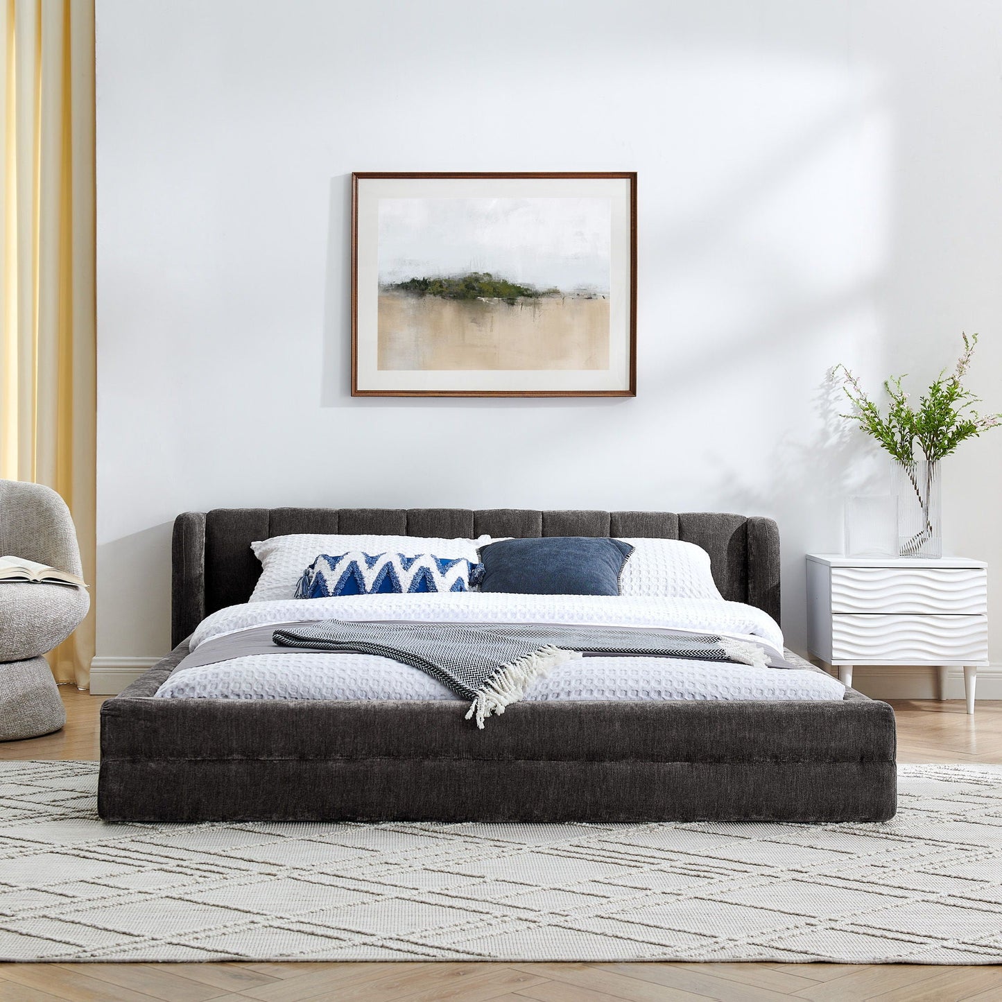 Modern Upholstered Bed Frame With Thick Chenille Fabric And Headboard Home Essentials