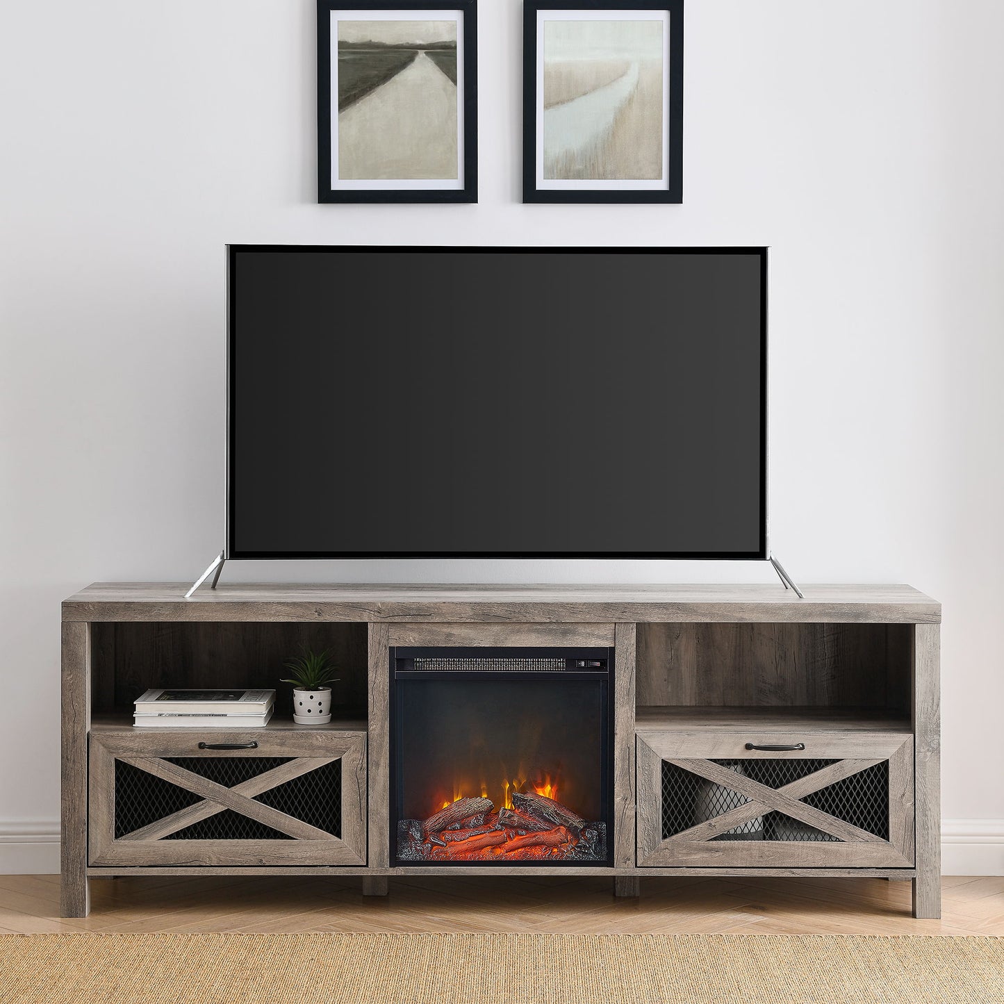 Industrial Farmhouse Metal Mesh Drop Down X Door Fireplace TV Stand Walker Edison