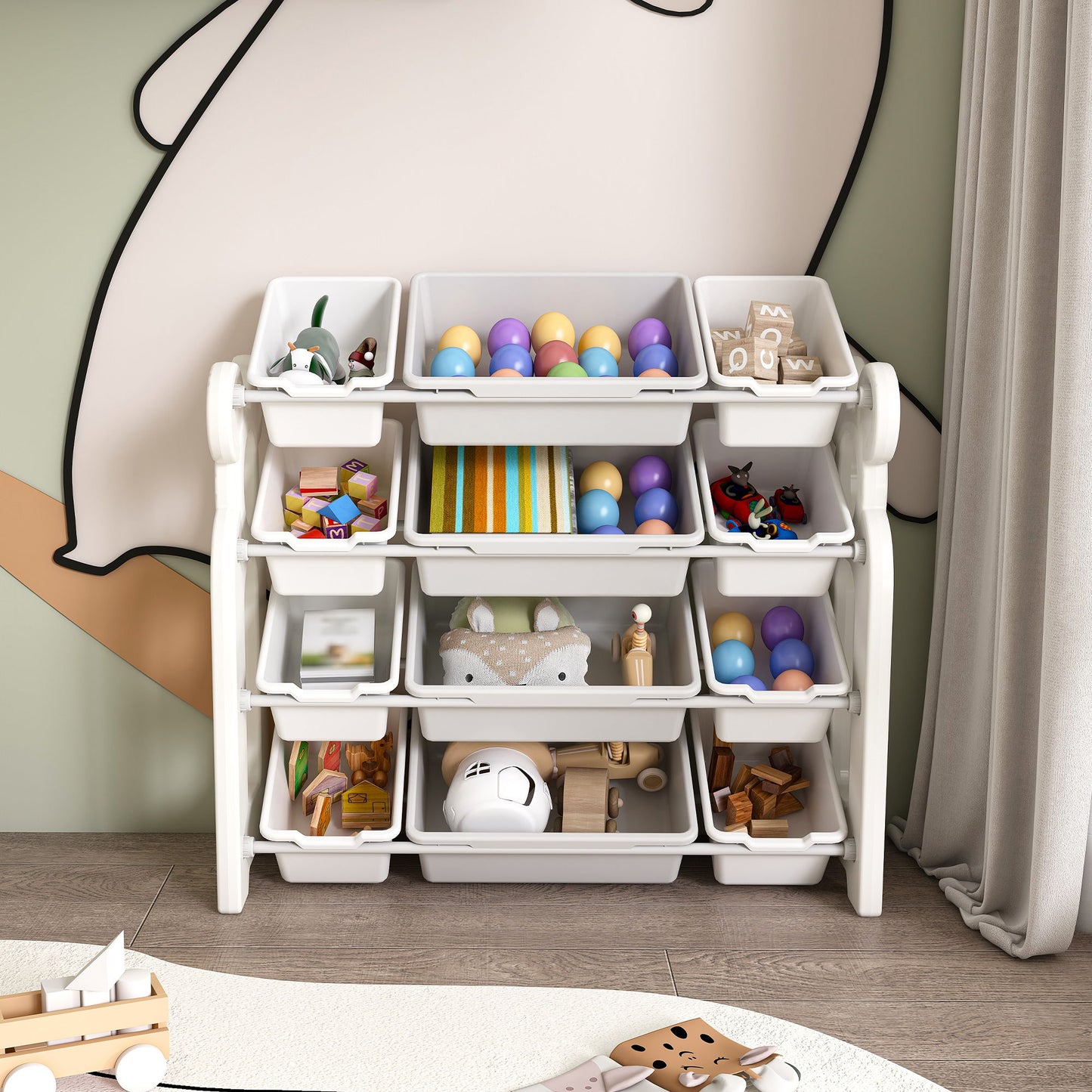 Multi Functional Kids Toy Storage Organizer Cabinet With Hdpe Shelf And 12 Bins - Gray White Home Essentials