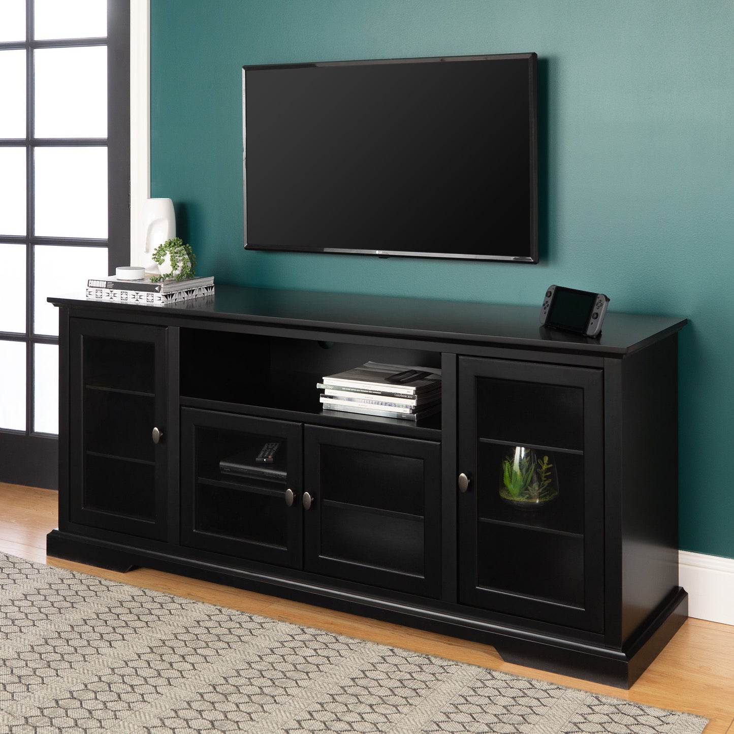 Transitional Classic 70" TV Stand For 80" TVs With 4 Glass Doors Walker Edison
