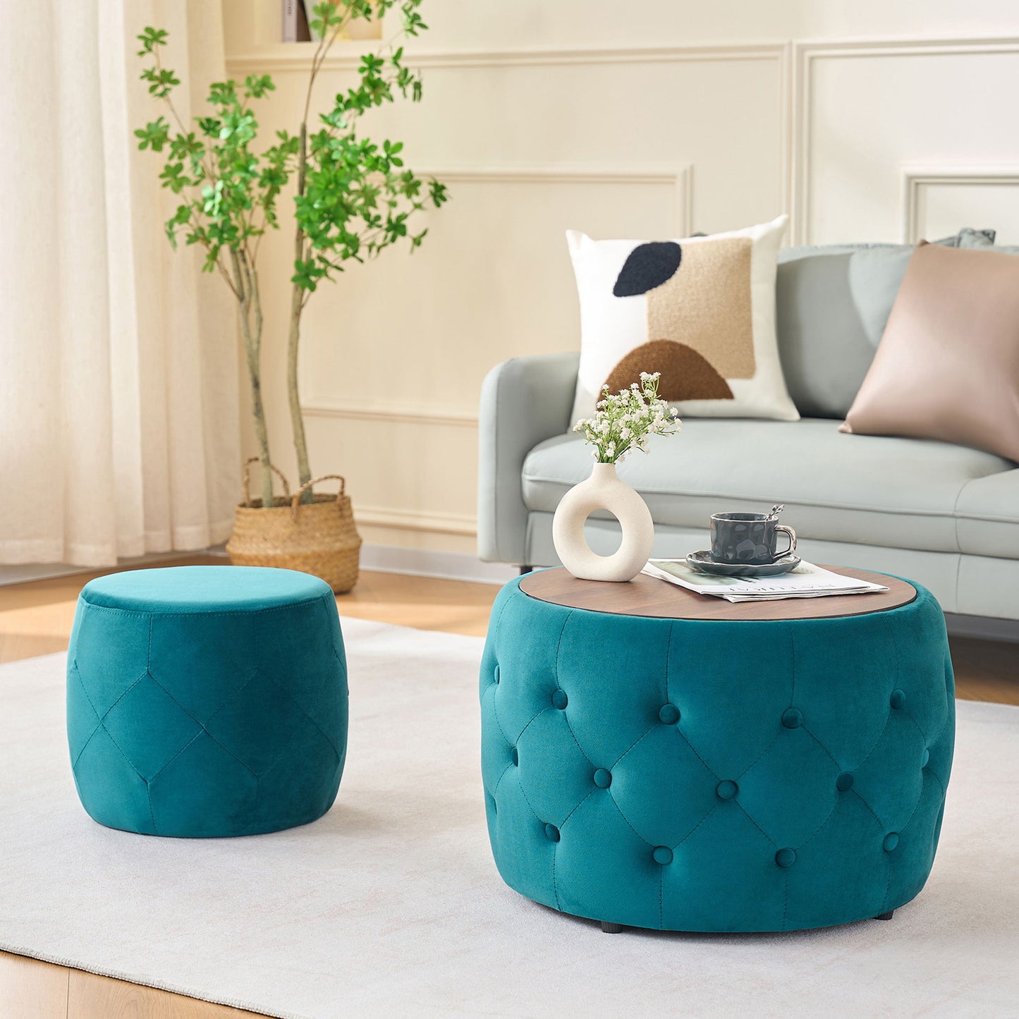 Nesting Ottomans 2 Piece With Tray, 4 In 1 Function Home Essentials