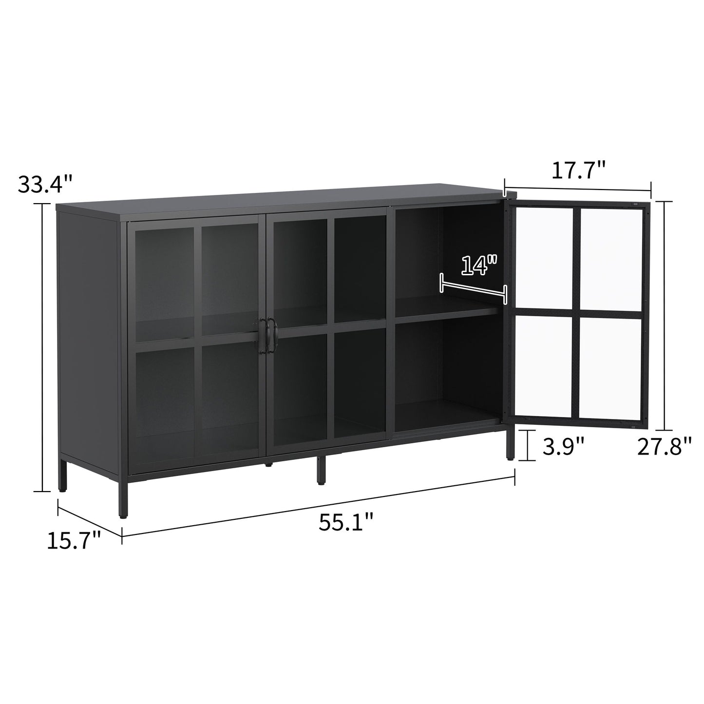 Modern Heavy Duty Metal Sideboard Buffet Cabinet With Storage, Adjustable Feet, Glass Doors, Steel - Black Home Essentials