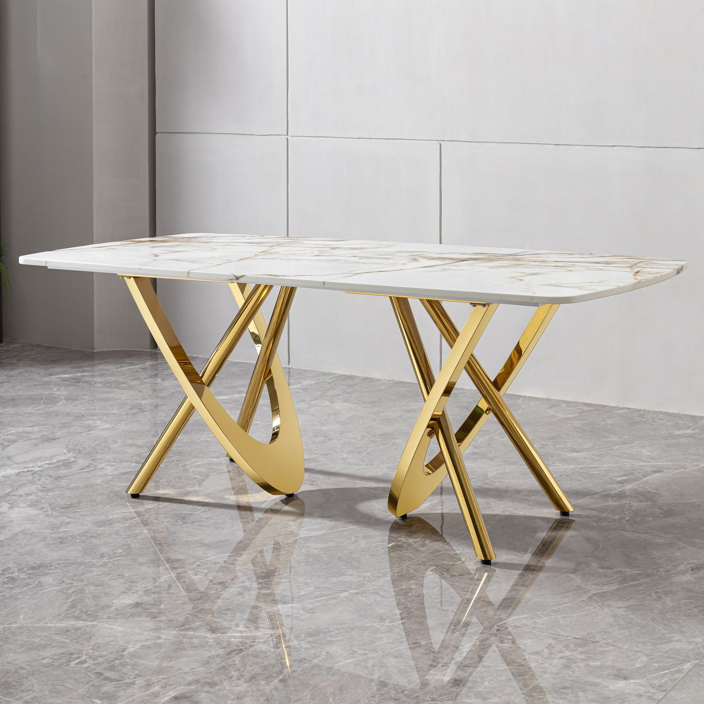 Marble Pattern Dining Table With Stainless Steel Base, Rectangular, Seats 6 Or 8 - Gold Home Essentials