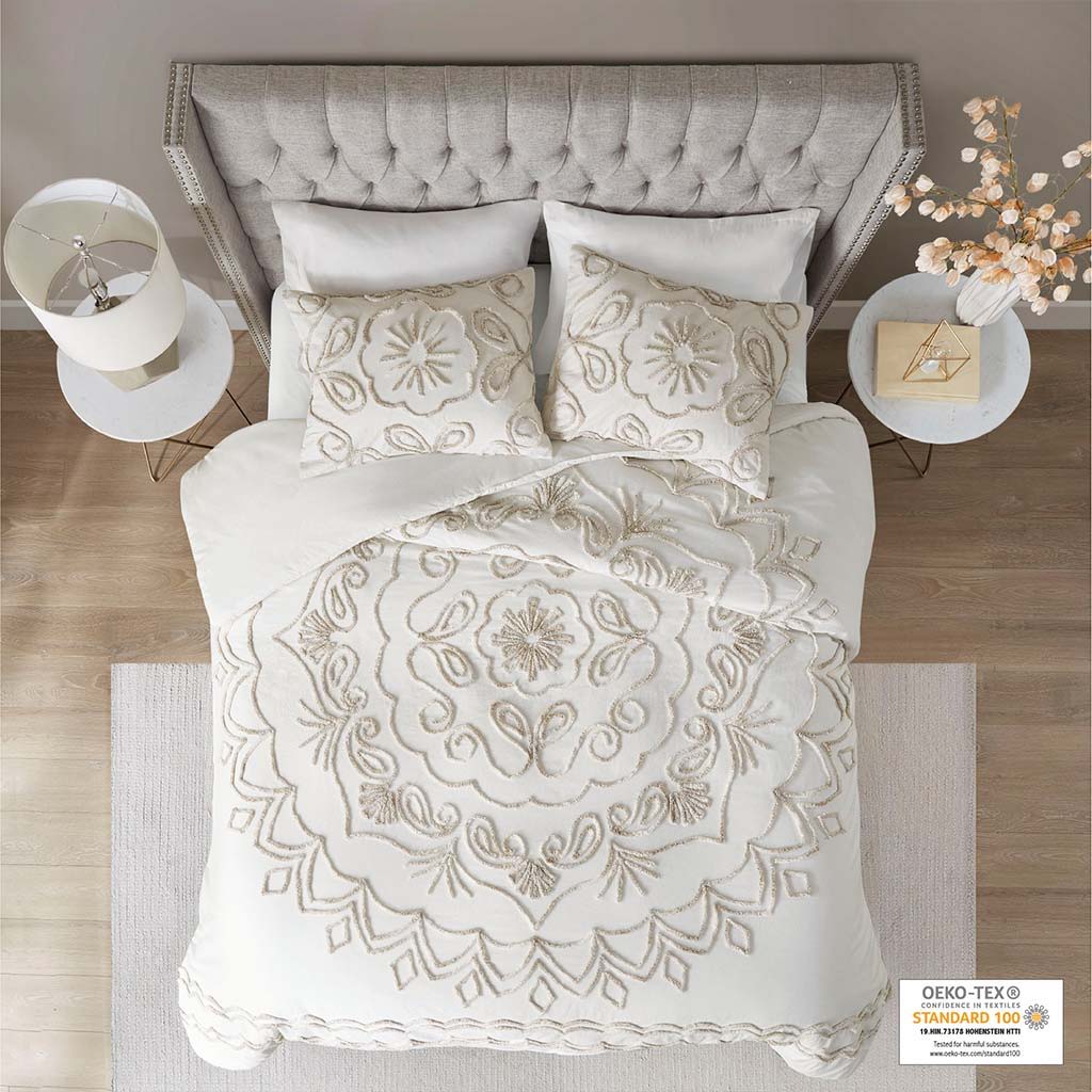 Violette - King 3 Piece Tufted Duvet Cover Set - Ivory / Taupe Madison Park