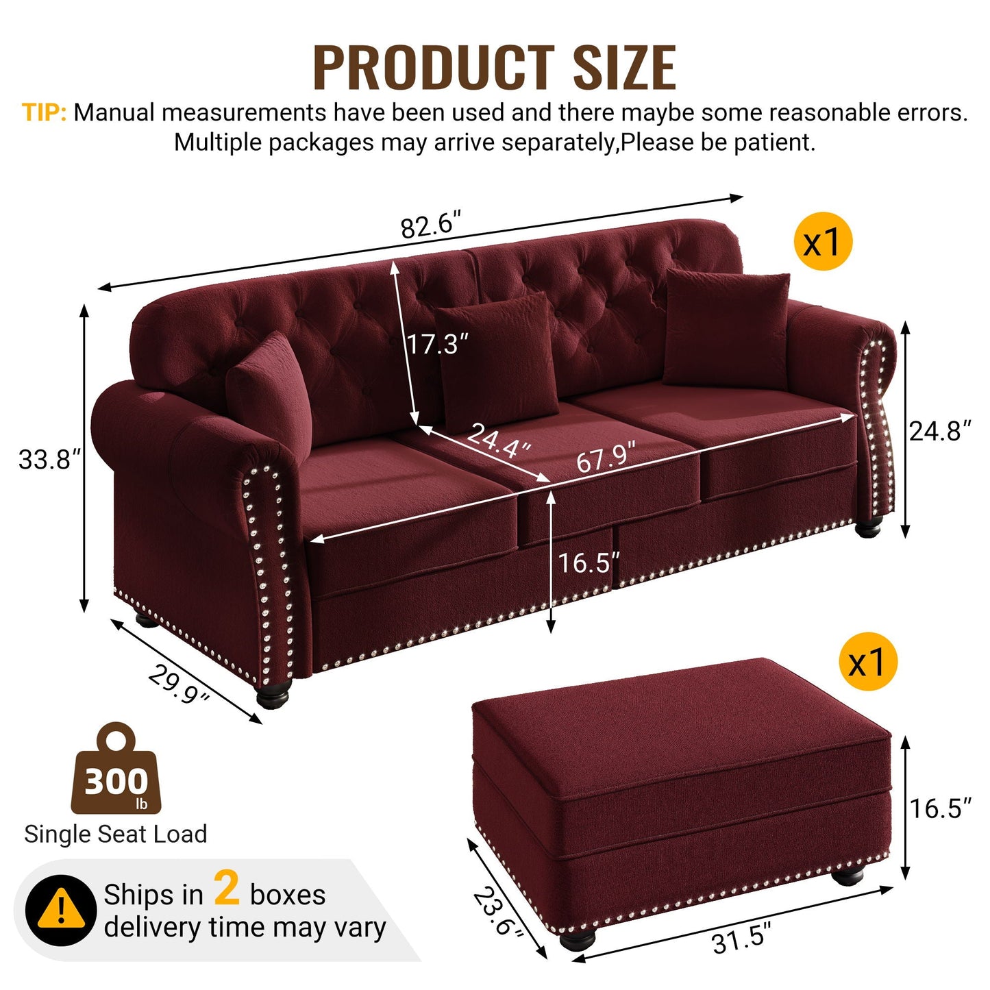 Upholstered 3 Seater Sofa Set With Ottoman Home Essentials