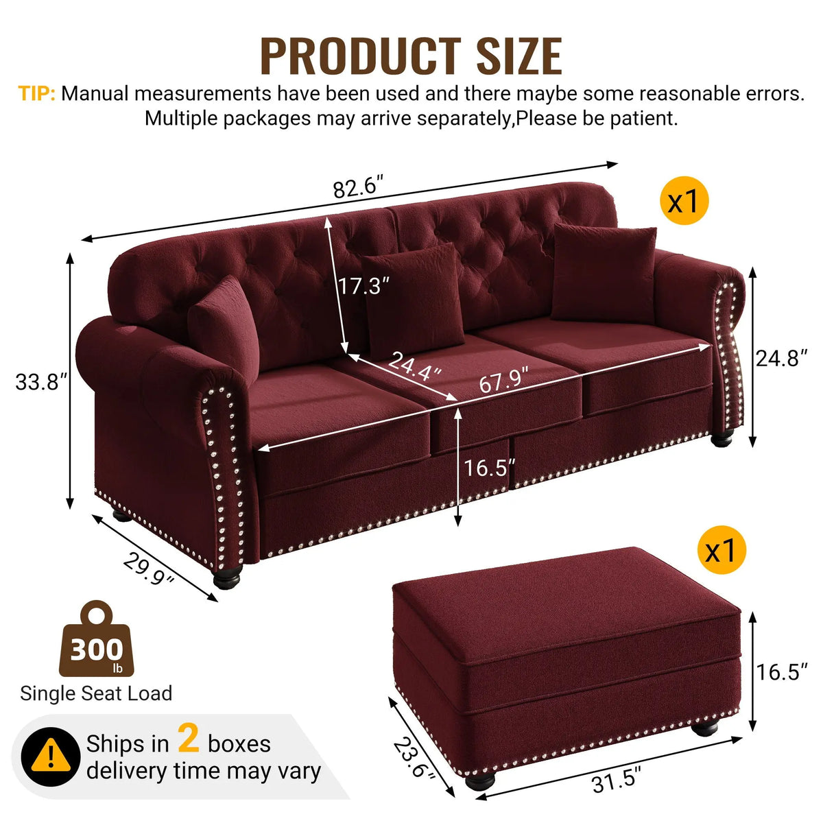 Upholstered 3 Seater Sofa Set With Ottoman Home Essentials