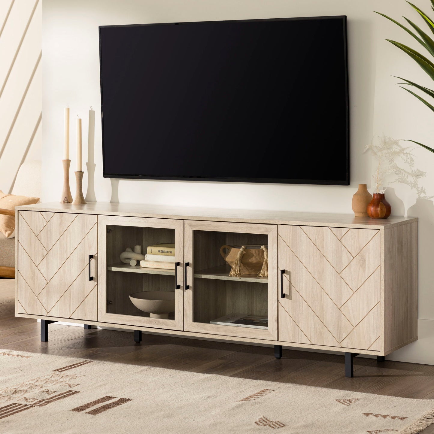 Modern Scandinavian 4 Door Herringbone 70" TV Stand For TVs Up To 80" Walker Edison