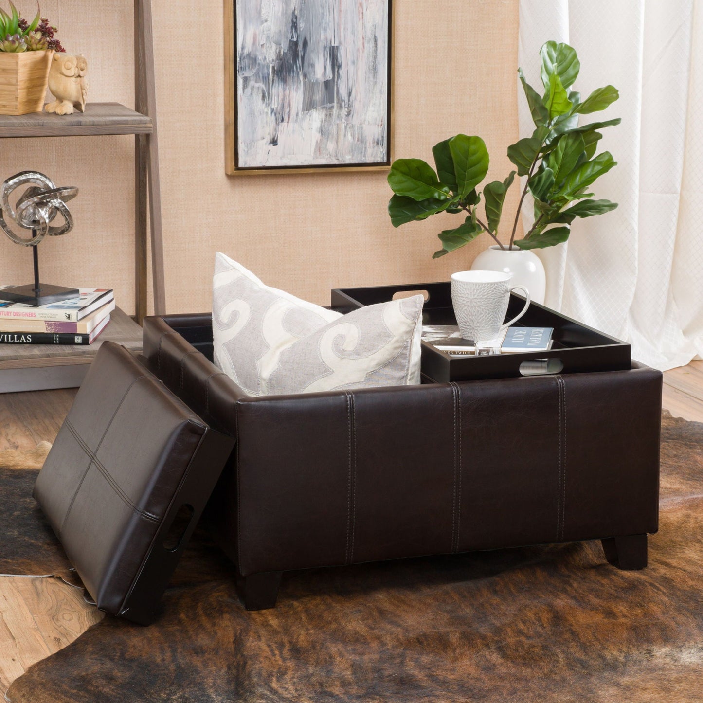 Contemporary Ottoman With Storage And Tray Tops - Brown Noble House