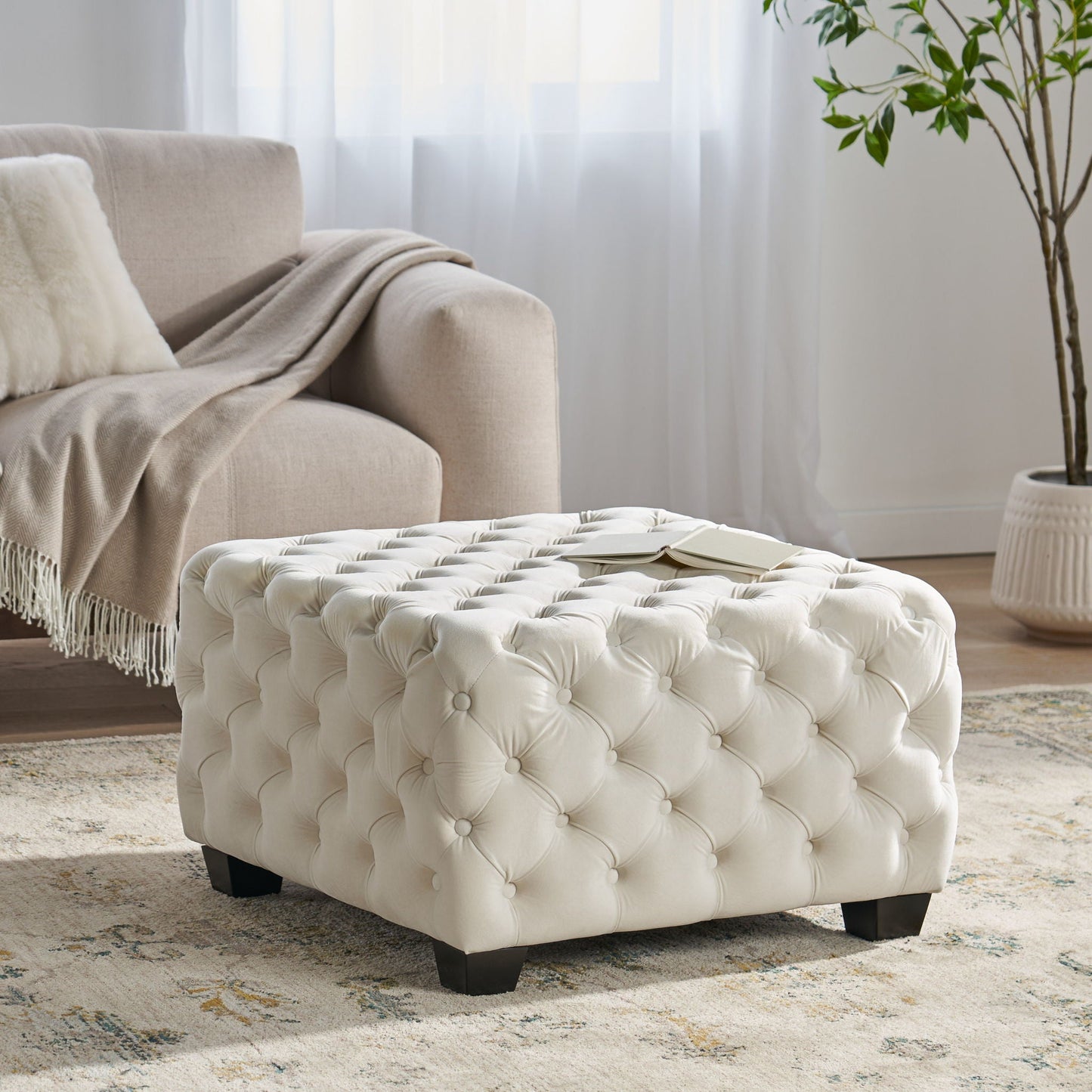 Modern Glam Ottoman With Velvet Upholstery And Button Tufted Design - Ivory Noble House