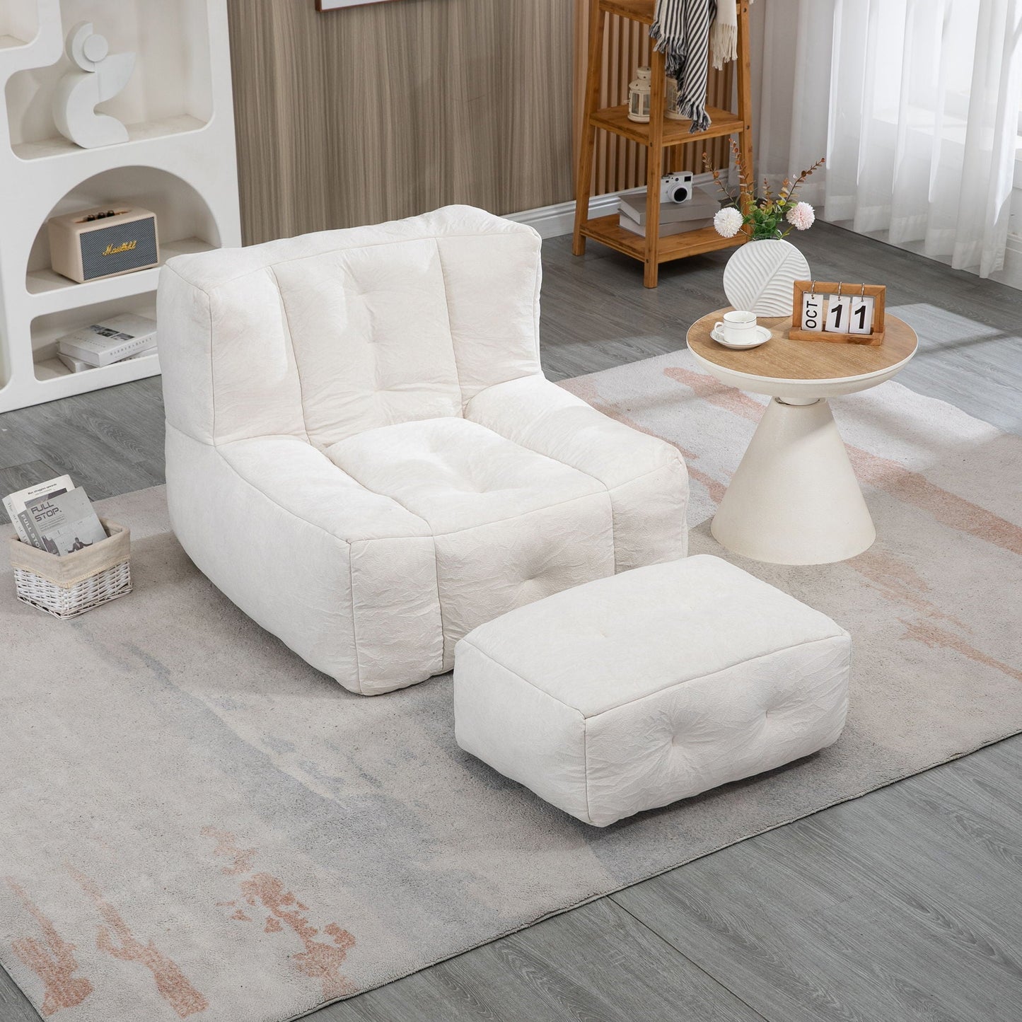 Modern Indoor Fluffy Bean Bag Chair With Memory Foam And Ottoman, Super Soft Home Essentials