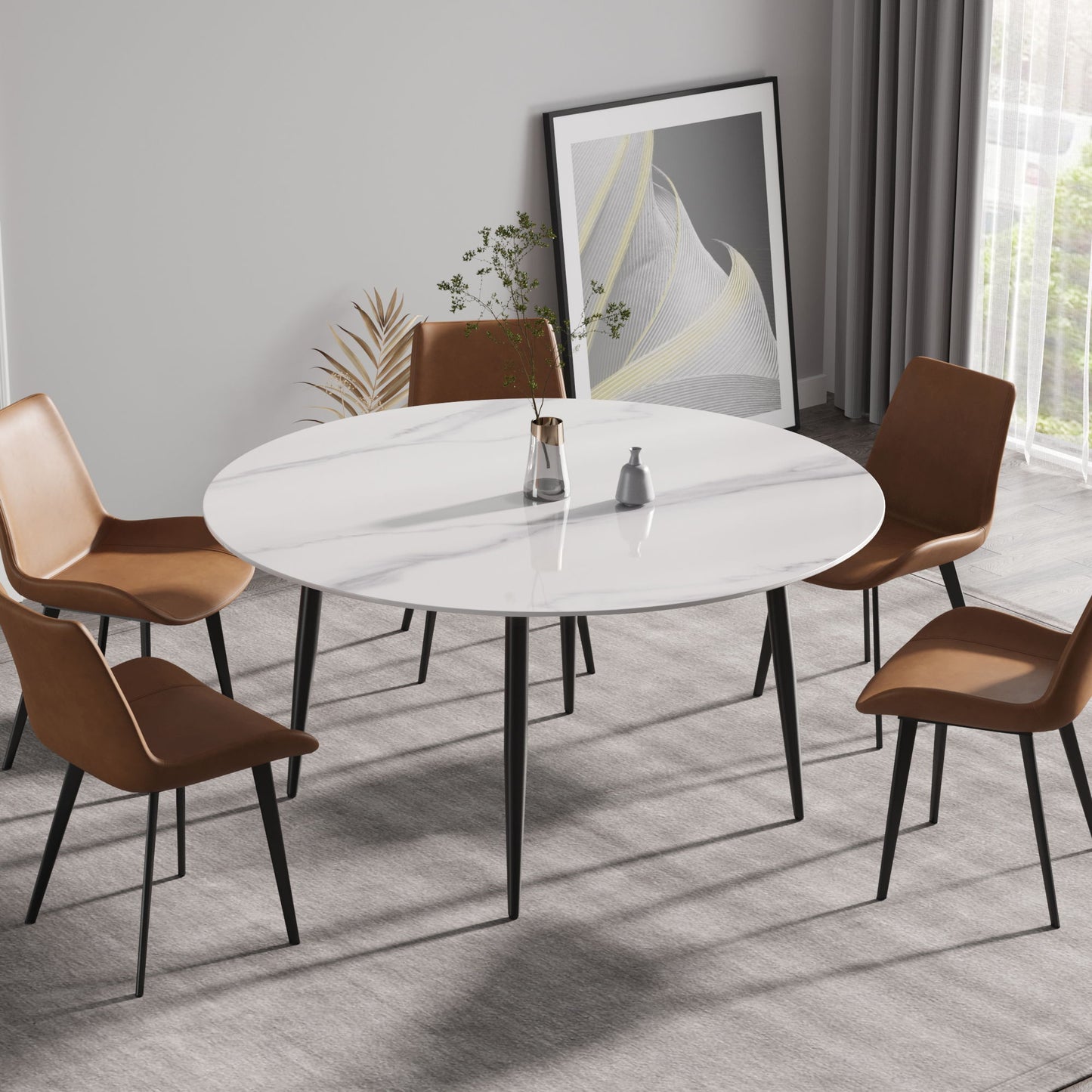 Modern Man-Made Stone Round Metal Dining Table-Position For 6 People Home Essentials