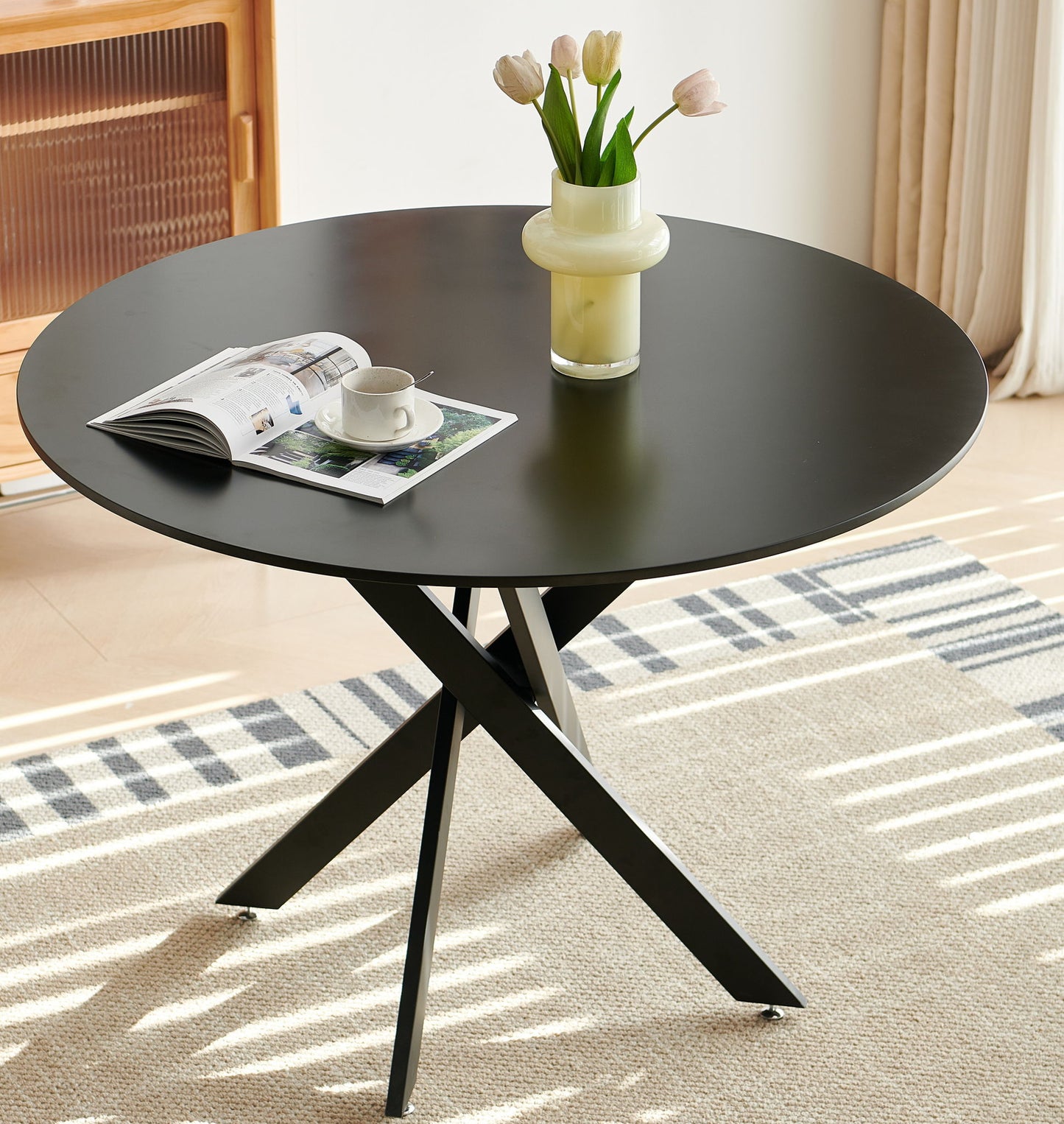 Mid-Century Dining Table For 4 - 6 People With Round MDF Table Top, Pedestal Dining Table, End Table Leisure Coffee Table, Cross Leg Home Essentials