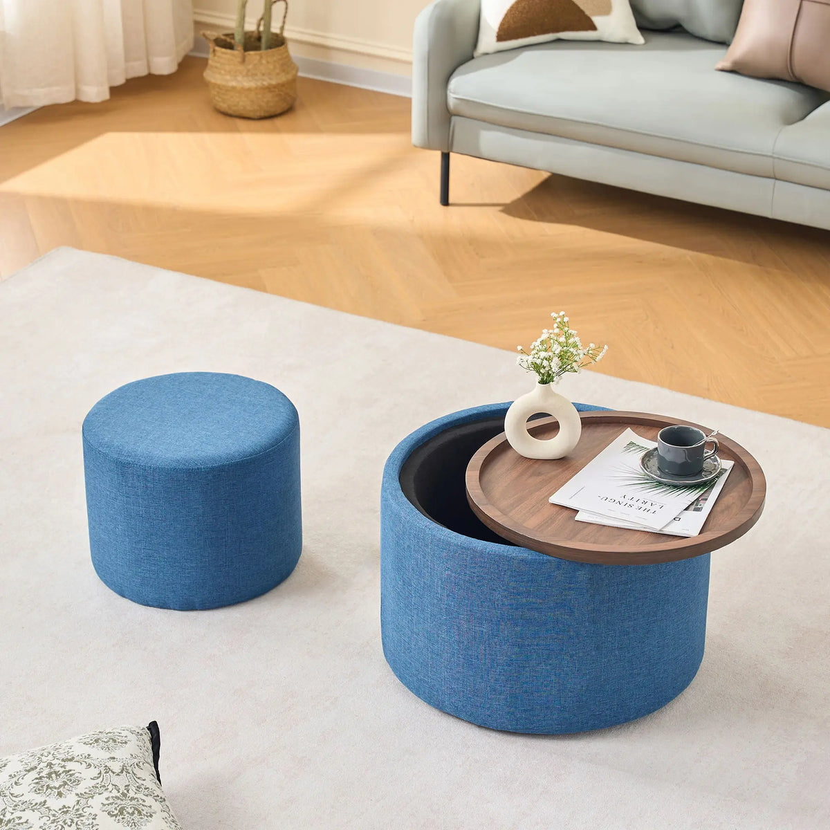 Nesting Ottomans, Round Coffee Table & Bench With Tray (Set of 2) Home Essentials