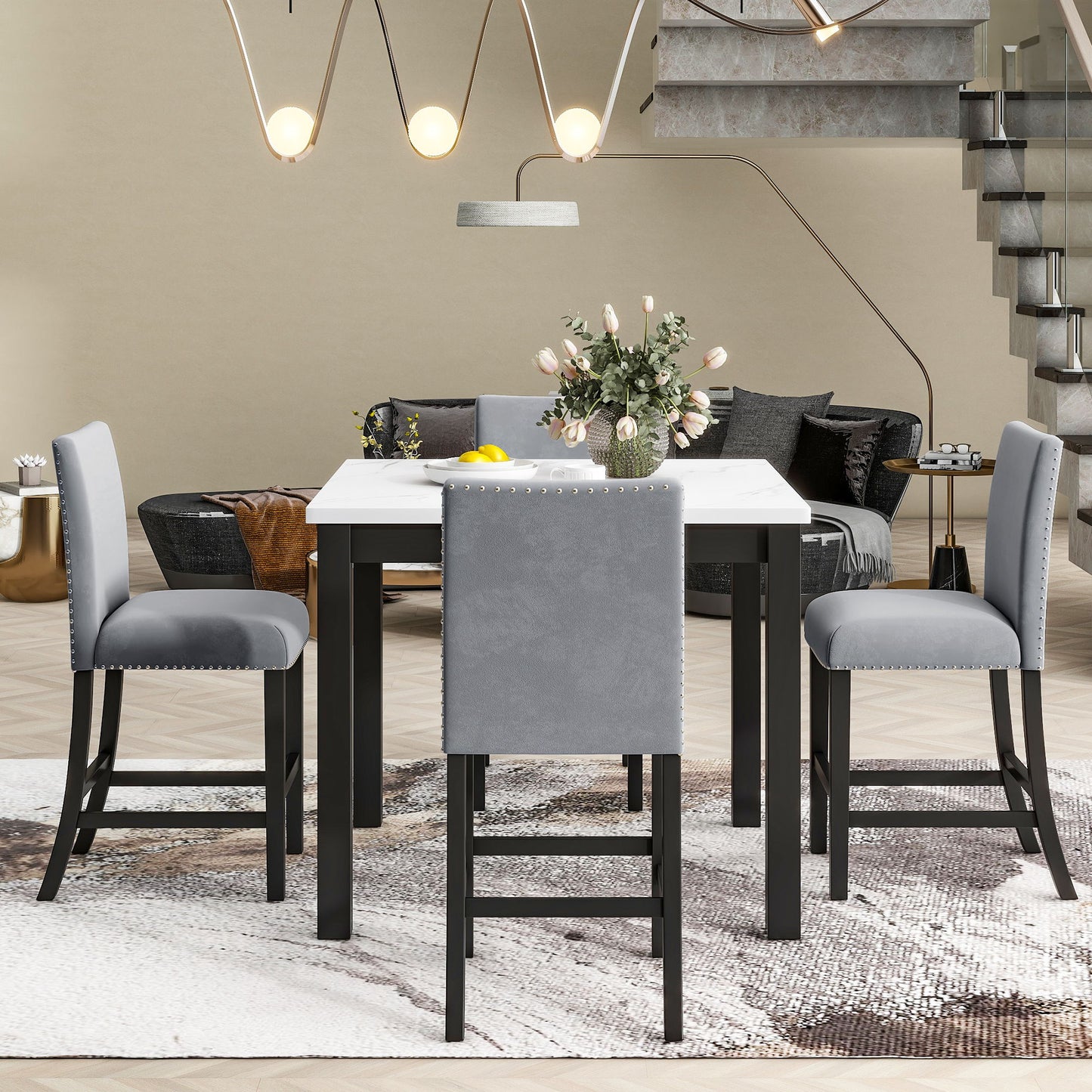 5-Piece Counter Height Dining Table Set With One Faux Marble Top Dining Table And Four Velvet Upholstered Chairs Home Essentials