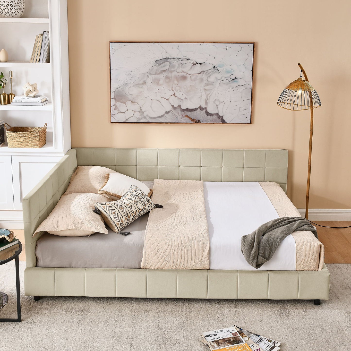 Mid-Century Storage Upholstered Tufted Bed Frame With Backrest And Armrests Home Essentials