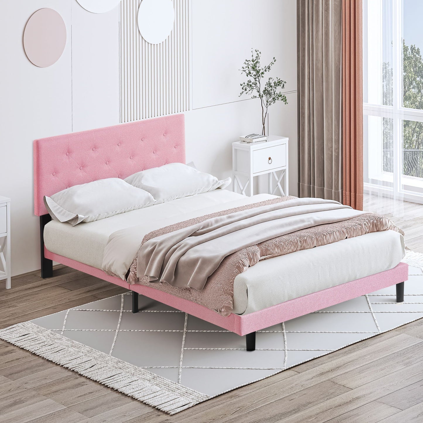 Modern Upholstered Platform Bed Frame With Button Tufted Linen Fabric Headboard Home Essentials