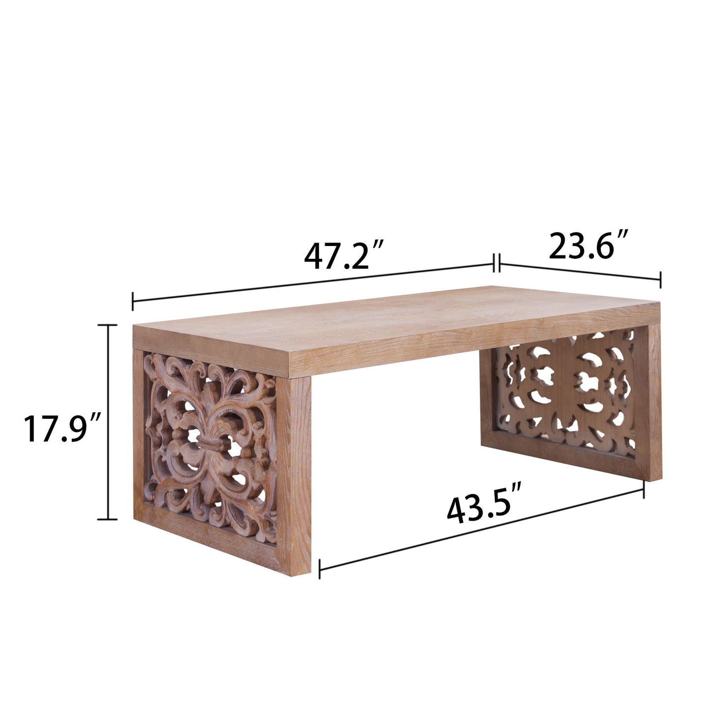 Rustic Carved Wood Coffee Table, Handcrafted Look With Ornate Side Panels Home Essentials