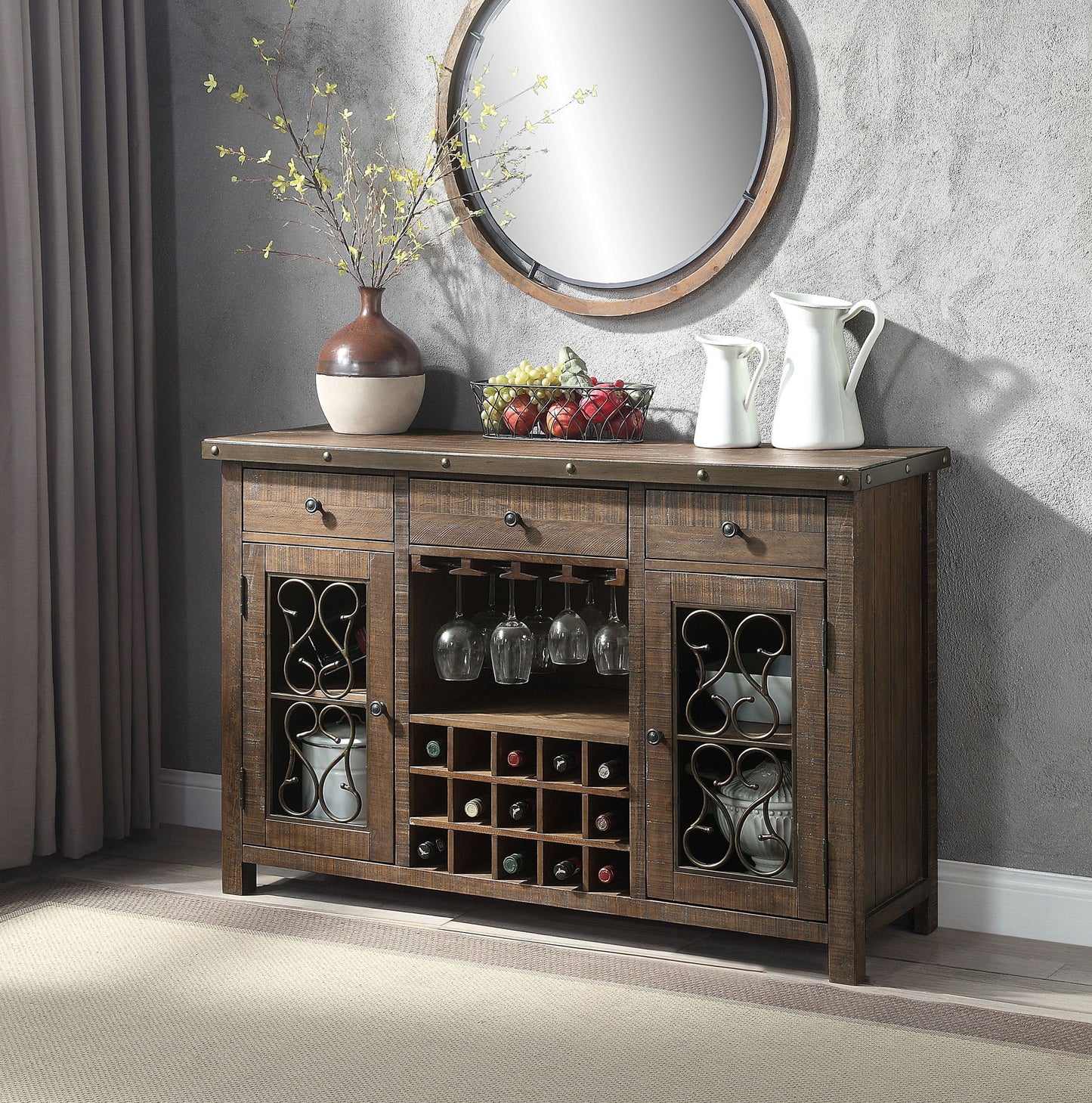 Raphaela - Server With Cup Holder & Wine Rack - Cherry Acme