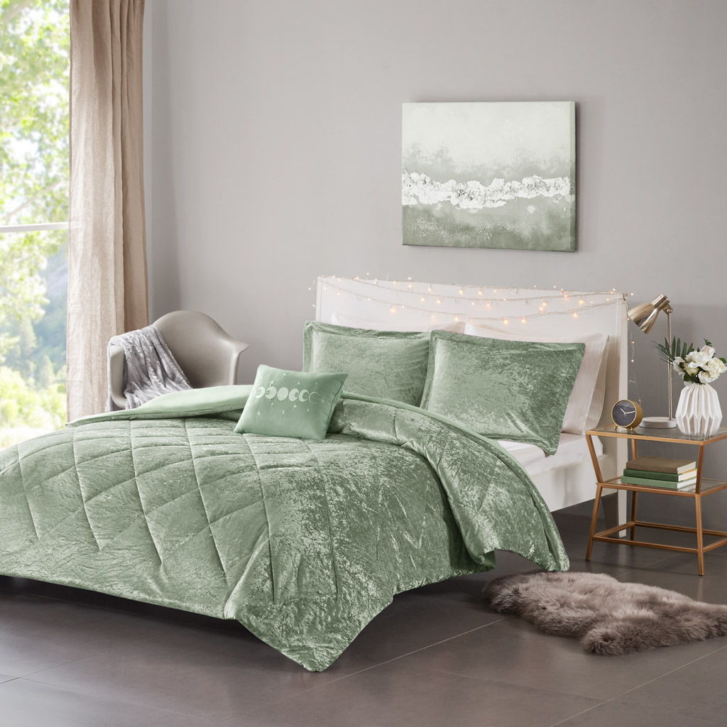 Felicia - Velvet Twin Duvet Cover Set With Throw Pillow - Green Intelligent Design