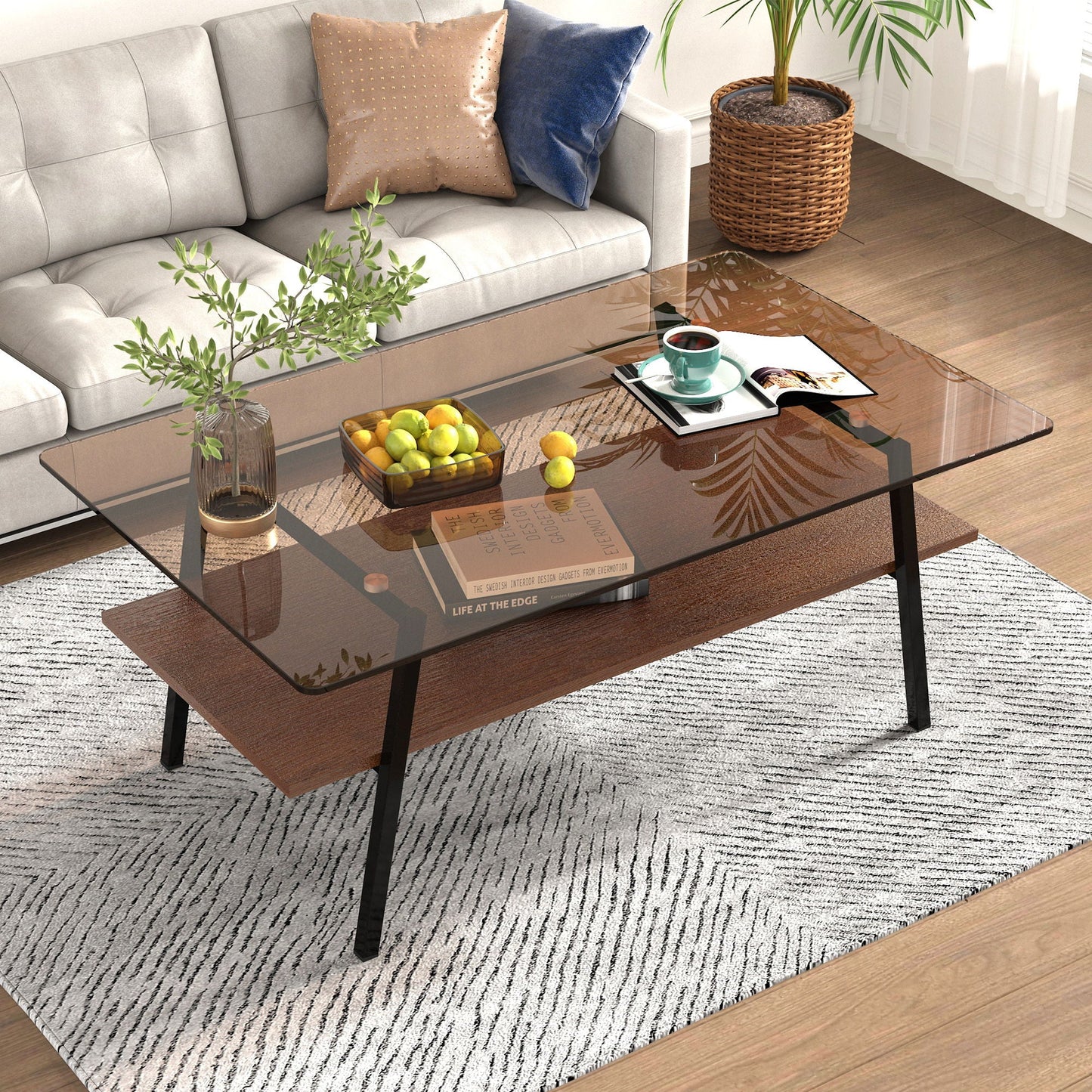 Rectangle Coffee Table, Tempered Glass Tabletop Modern Table For Living Room Home Essentials