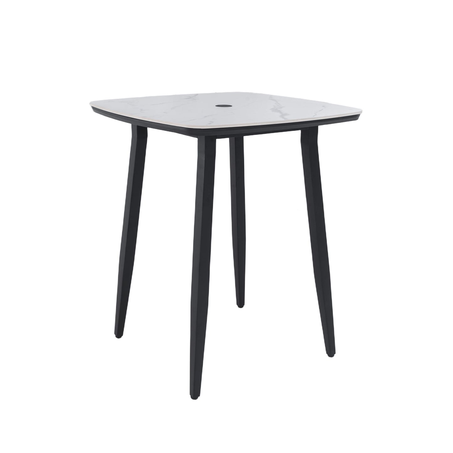 Modern Outdoor Bar Table, Rounded Square Sintered Stone Top With Umbrella Hole, Rust Free Frame, Weatherproof - Ember Black / White Life Outside